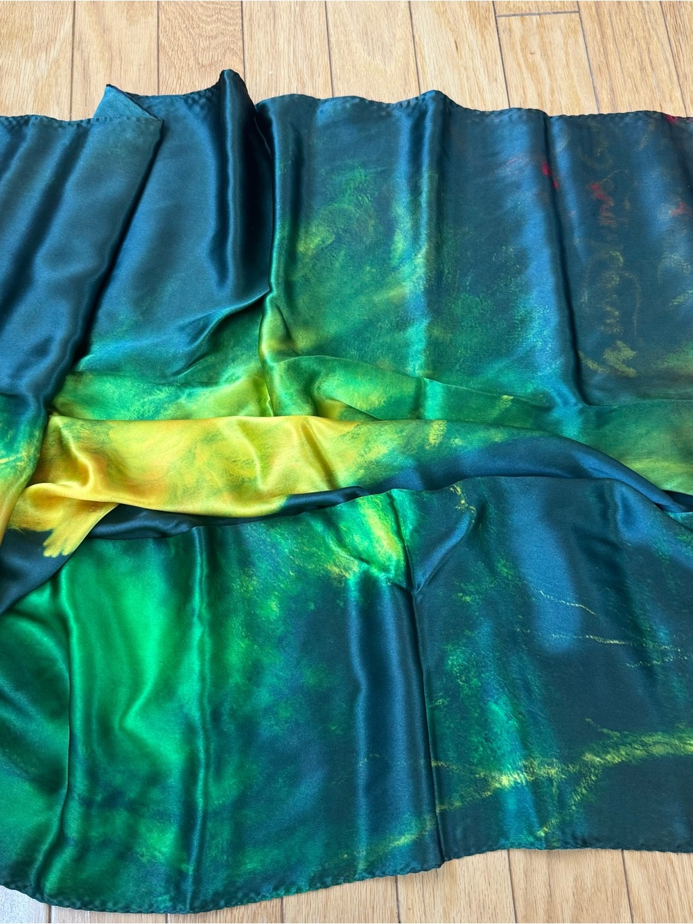 Diao Chan Silk Art Scarf 44x44 Green Teal Yellow Portrait Wrap